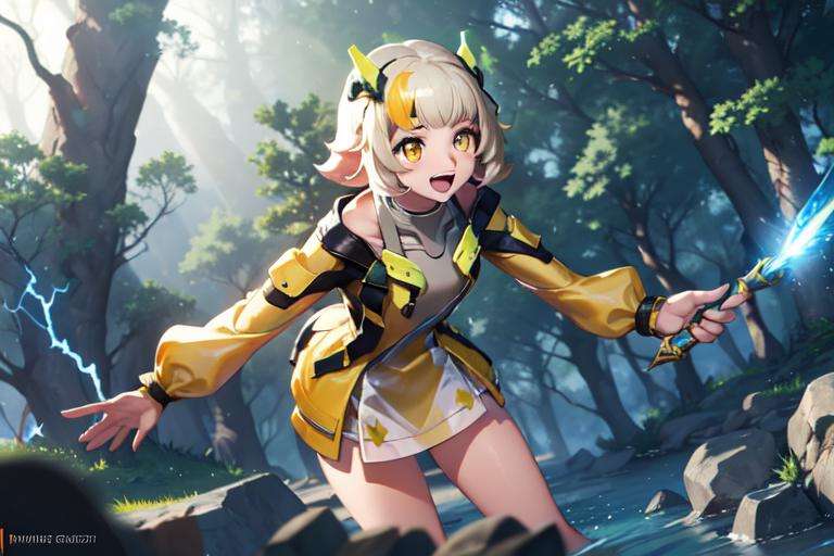 (masterpiece, best quality:1.2), 1girl, solo, <lora:Ishar-10:0.9>, ishar, hackerTP, yellow eyes, streaked hair, short dress, headgear, yellow jacket, dynamic pose, casting a spell, holding wand, light, lightning, holding, happy, magic, battle, fight, crowd, fantasy, wide angle, forest, trees, rocks, rocky terrain, sunlight, day, river