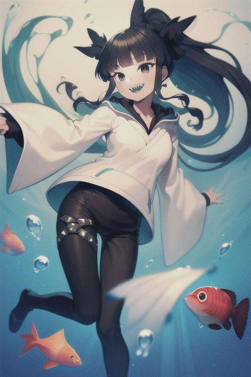 (masterpiece, best quality:1.2), <lora:ArtemisB64-09:1.0>, 1girl, solo, artemis, ponytail, white hoodie, long white sleeves, black pants, thigh strap, looking at viewer, smile, sharp teeth, partially submerged, ocean, coral reef, fishes, swimming, floating, splashing, water drop