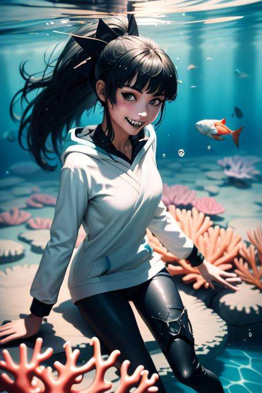 (masterpiece, best quality:1.2), <lora:ArtemisMH-10:0.9>, 1girl, solo, artemis, ponytail, white hoodie, long white sleeves, black pants, thigh strap, looking at viewer, smile, sharp teeth, partially submerged, ocean, coral reef, fishes, swimming, floating, splashing, water drop, film style,8k, film lighting, neon, artstation, trending on artstation