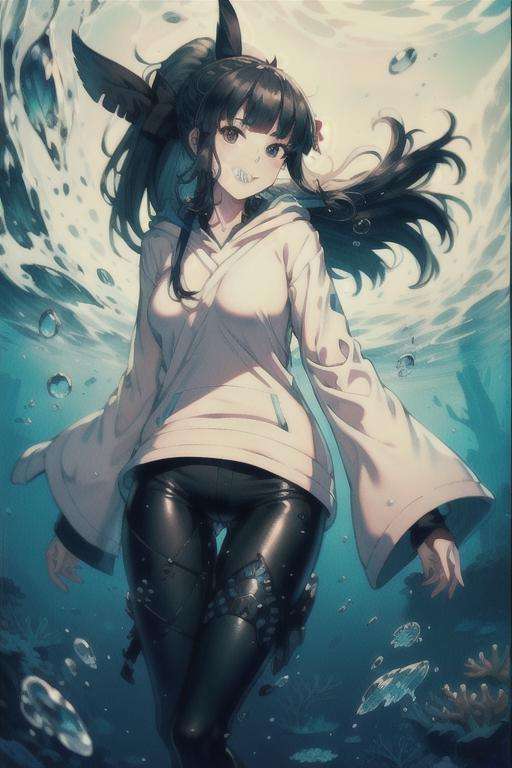 (masterpiece, best quality:1.2), <lora:ArtemisMH-10:0.9>, 1girl, solo, artemis, ponytail, white hoodie, long white sleeves, black pants, thigh strap, looking at viewer, smile, sharp teeth, partially submerged, ocean, coral reef, fishes, swimming, floating, splashing, water drop