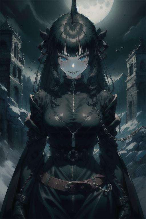 (masterpiece, best quality:1.2), <lora:ArtemisMH-10:0.9>, 1girl, solo, artemis, small breasts, big eyes, zipper, black coat, chain, {{{black vest}}}, long black sleeves, belt, black gloves, sharp teeth, looking at viewer, smile, magic, fantasy,(light:1.3),dark theme,magic,moon,upper bod, medieval castle