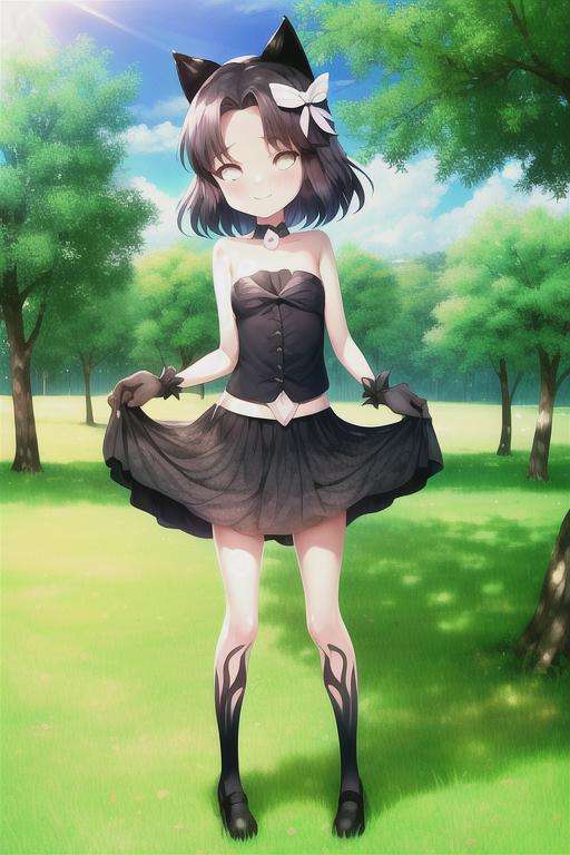 (masterpiece, best quality), <lora:Crazed_Moneko-10:1.1>, crazed moneko, 1girl, solo, cat ears, smile, skirt, park, park background, grass, tree, standing in the sun,<lora:GoodHands-beta2:1>