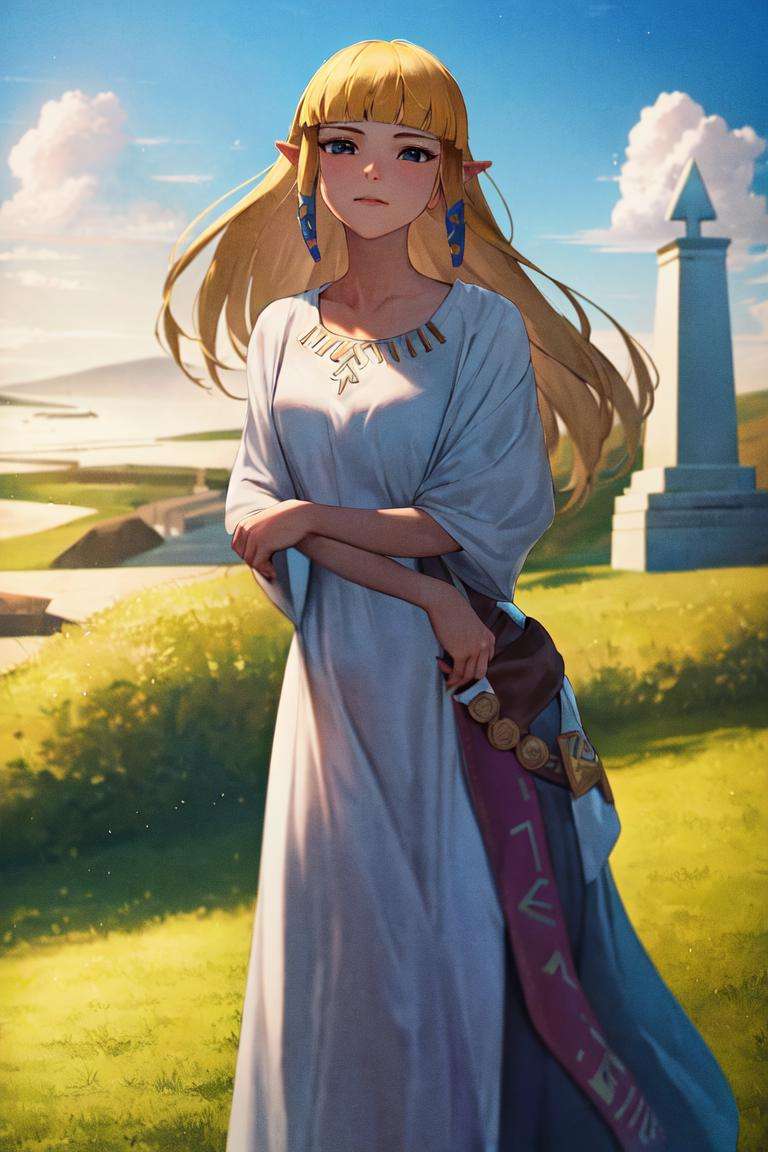 masterpiece, best_quality, 1girl, solo, princess zelda, the legend of zelda, nintendo, sksw, white dress, outdoors, cloud, obelisk, 