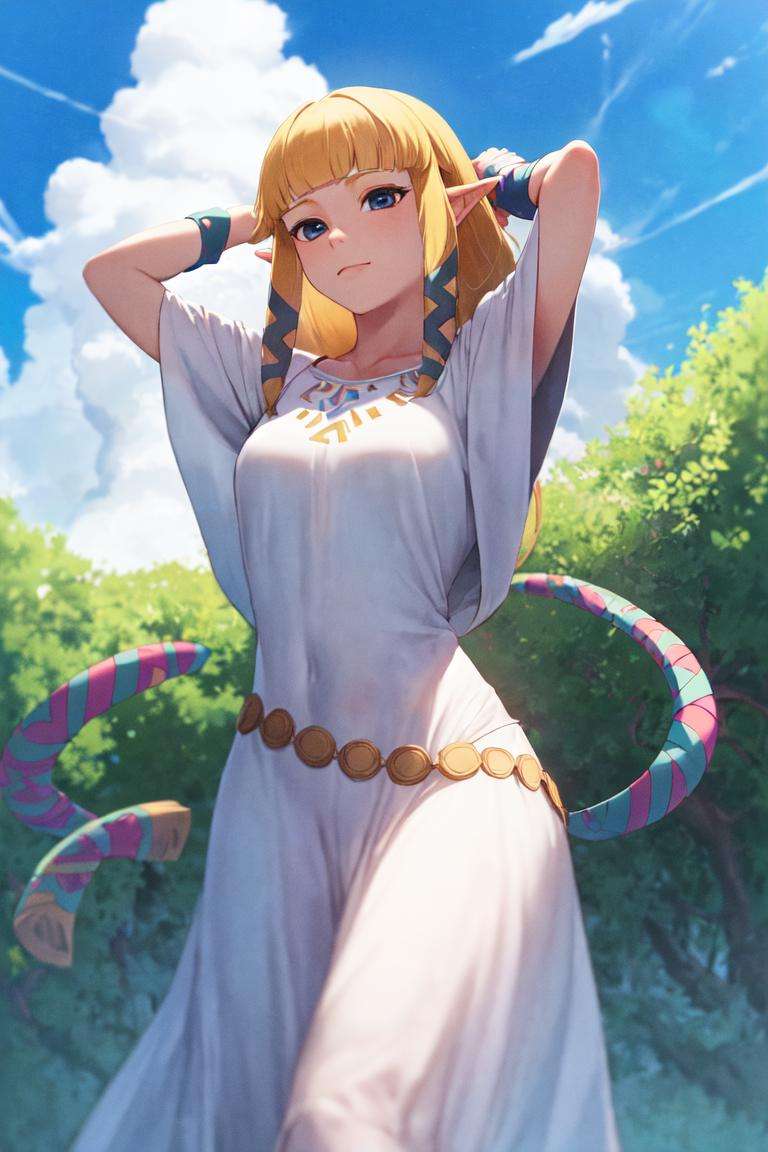 masterpiece, best_quality, 1girl, solo, princess zelda, the legend of zelda, nintendo, sksw, white dress, hair tubes, hair ribbon, outdoors, cloud,