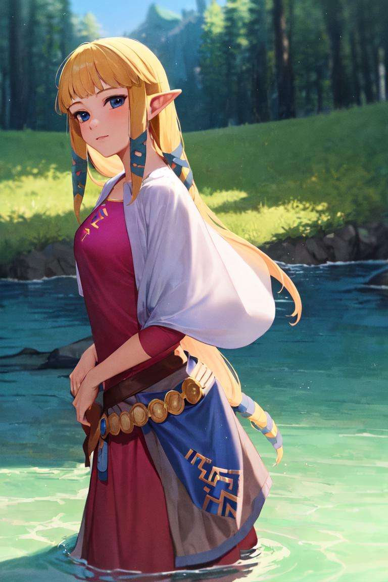 masterpiece, best_quality, 1girl, solo, princess zelda, the legend of zelda, nintendo, sksw, hair ribbon, lake, wading, 