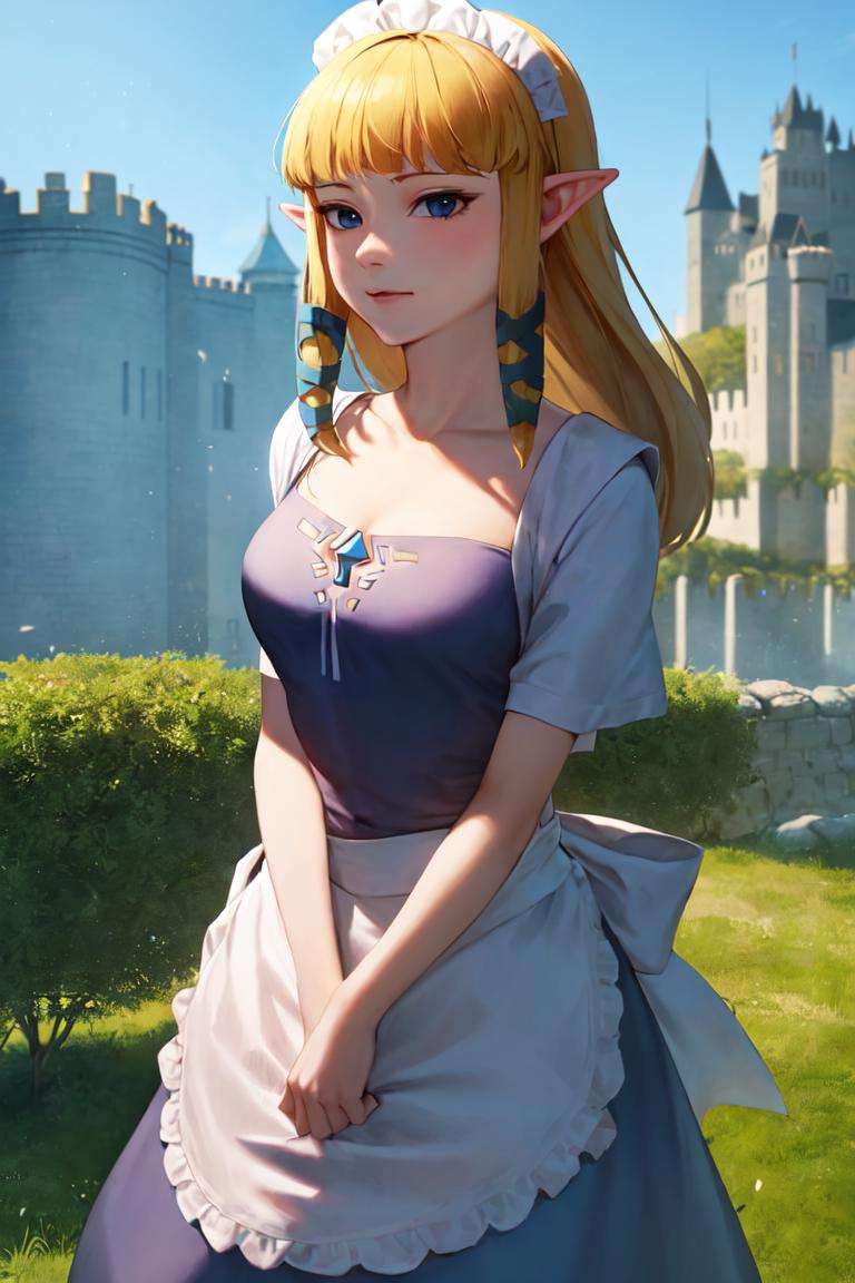 masterpiece, best_quality, 1girl, solo, princess zelda, the legend of zelda, nintendo, sksw, hair ribbon, maid, castle