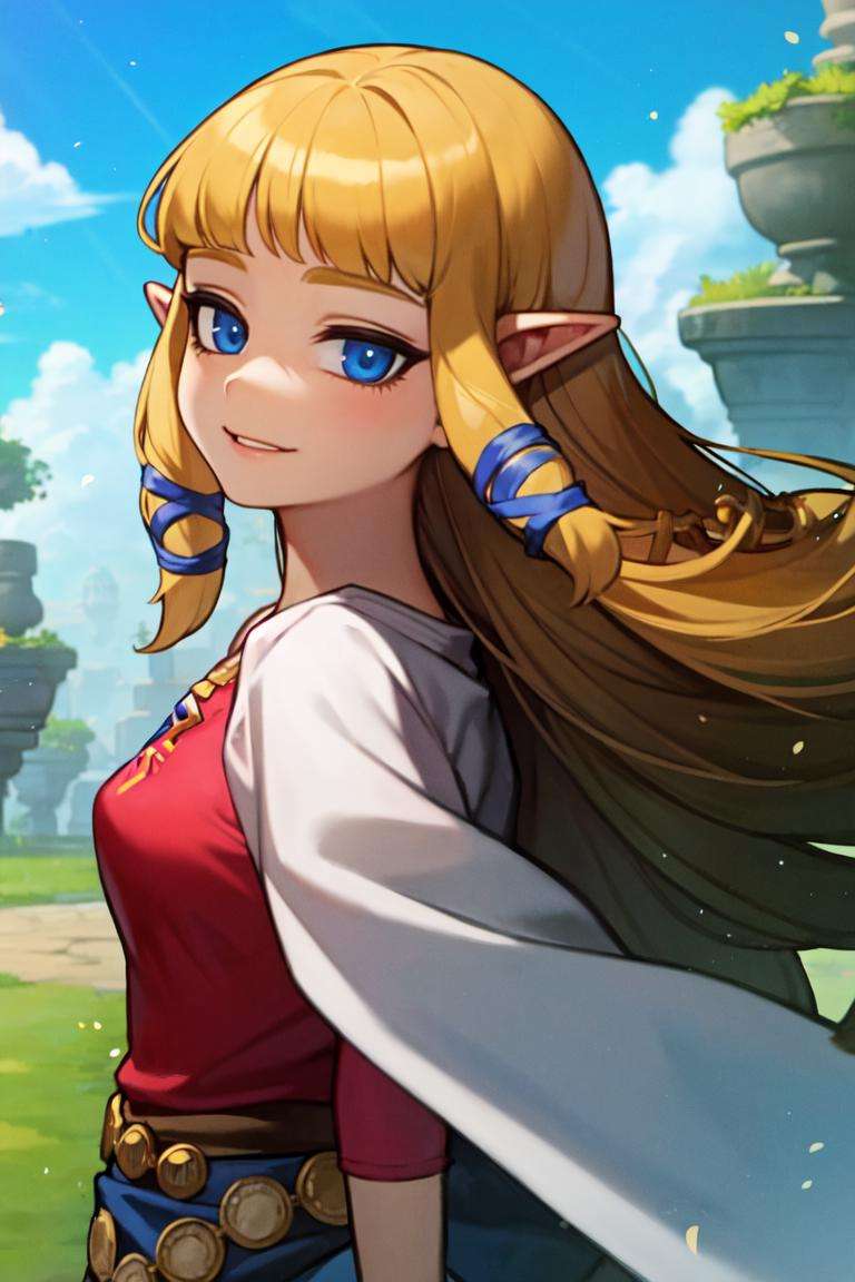 masterpiece, best_quality, 1girl, solo, princess zelda, the legend of zelda, nintendo, sksw, hair ribbon, outdoors