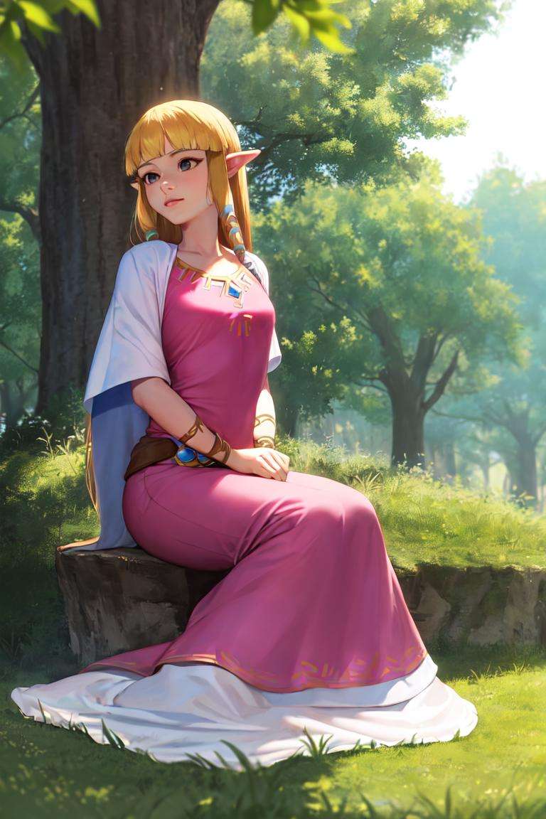 masterpiece, best_quality, 1girl, solo, princess zelda, the legend of zelda, nintendo, sksw, pink dress, outdoors, 