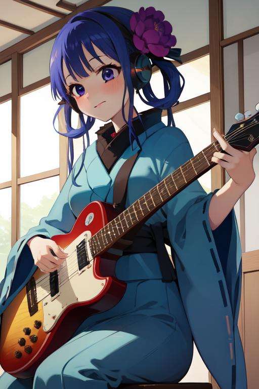 (masterpiece, best quality:1.2), <lora:Aoi_Akane-07:0.9>, aoi akane, 1girl, solo, smile, hair ornament, hair flower, japanese clothes, ((blue kimono)), long sleeves, obi, blush, playing guitar, headphones, electric guitar