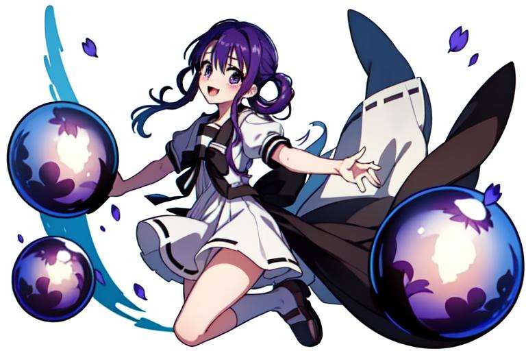 (masterpiece, best quality:1.2),<lora:HSRSplashAt:0.6>, <lora:Aoi_Akane-07:0.8>, aoi akane, 1girl, solo, cowboy shot, moon, purple hair, purple eyes, happy, open mouth, short sleeves, white school uniform, white dress, bow, white serafuku with white bow, puffy sleeves, brown sailor collar, black socks:1.5, blush, ((flying petal)), moonlight, night, light, fantasy,looking at viewer, splash art, smile, (white background:1.5), bubble, full body