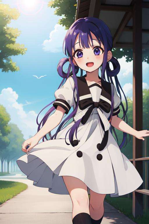 (masterpiece, best quality:1.2), <lora:Aoi_Akane-07:0.9>, aoi akane, 1girl, solo, happy, open mouth, short sleeves, white school uniform, dress, bow, white serafuku with white bow, puffy sleeves, brown sailor collar, black socks, blush, walking in the sun