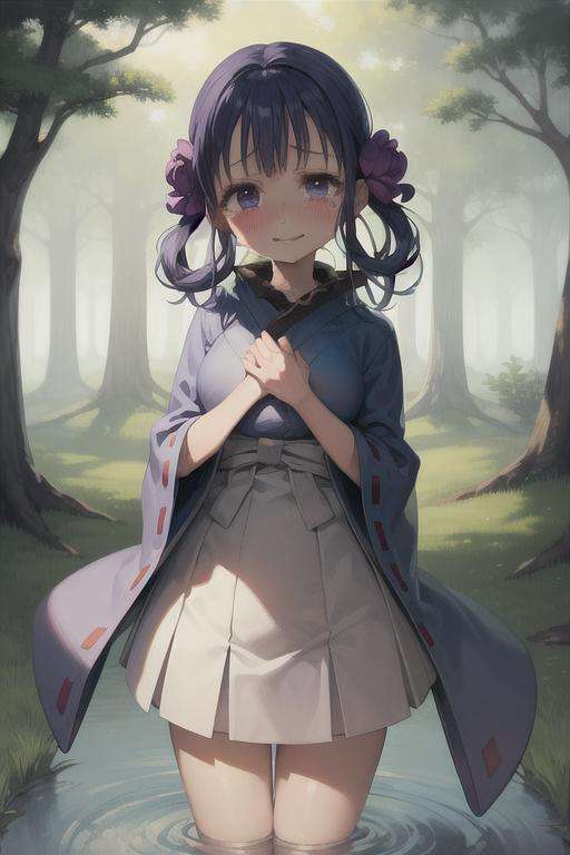 (masterpiece, best quality:1.2), <lora:Aoi_Akane-07:0.9>, aoi akane, 1girl, solo, cowboy shot,blue kimono, blue outfit, purple hair, purple eyes, smile, hair ornament, hair flower, japanese clothes, long sleeves, obi, blush, crying, tears, emotional, raining, outdoors, forest, puddles, dark, dark theme, nature, light