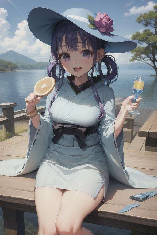 (masterpiece, best quality:1.2), <lora:Aoi_Akane-07:0.9>, aoi akane, 1girl, solo, ((purple hair, purple eyes, smile, hair ornament, hair flower, japanese clothes, blue kimono:1.2, smile, long sleeves, obi, blush)), bottle, sky, belt, day, fruit, earrings, blue sky, food, bracelet, holding, open mouth, outdoors, long hair, smile, lemon, bow, cowboy shot, bubble, star (symbol), tree, sun hat, leaf, teeth, water drop, breasts, looking at viewer, cup, shirt, drinking glass