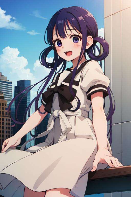 (masterpiece, best quality:1.2), <lora:Aoi_Akane-07:0.9>, aoi akane, 1girl, solo, happy, open mouth, short sleeves, white school uniform, dress, bow, white serafuku with white bow, puffy sleeves, brown sailor collar, black socks, blush,  on top of tall buildings in the New York city