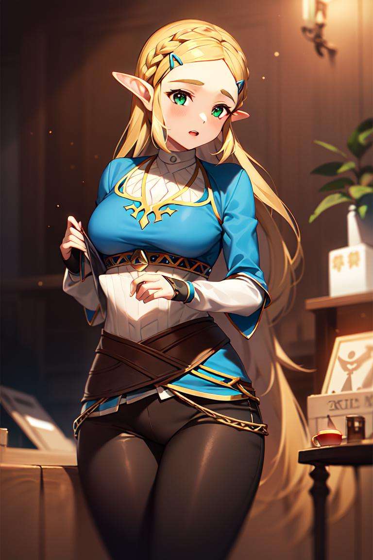 masterpiece, best_quality, 1girl, solo, princess zelda, nintendo, the legend of zelda, botw, black pants