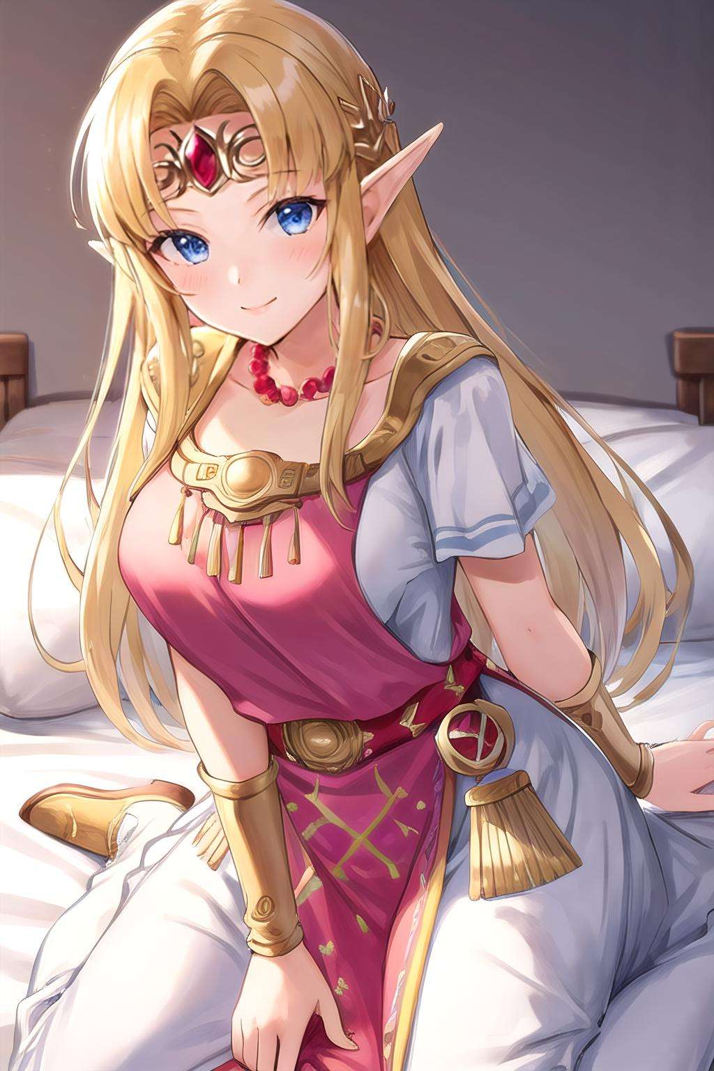 <lora:zelda-albw-10:0.8>, zelda-albw, 1girl, solo, looking at viewer, blush, sitting, on bed, seductive smile, dress, tiara, jewelry, bracer, bead necklace, wariza, bent over, head tilt, large breasts