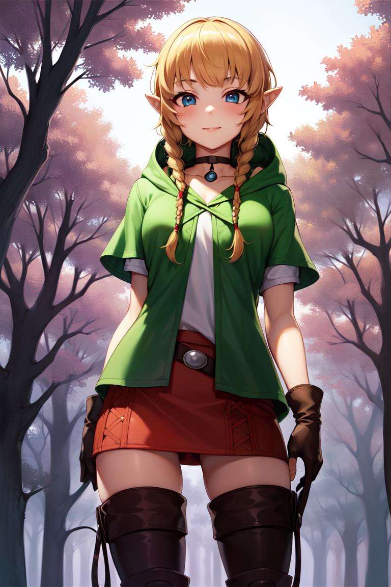 masterpiece, best_quality, 1girl, solo, linkle, nintendo, the legend of zelda, braid, twin braids, choker, thigh boots, zettai ryouiki, hood