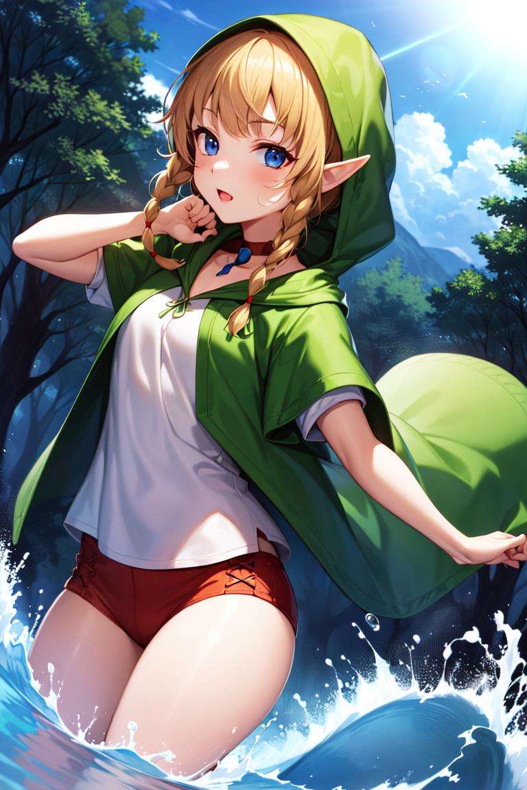 masterpiece, best_quality, 1girl, solo, linkle, nintendo, the legend of zelda, braid, twin braids, choker