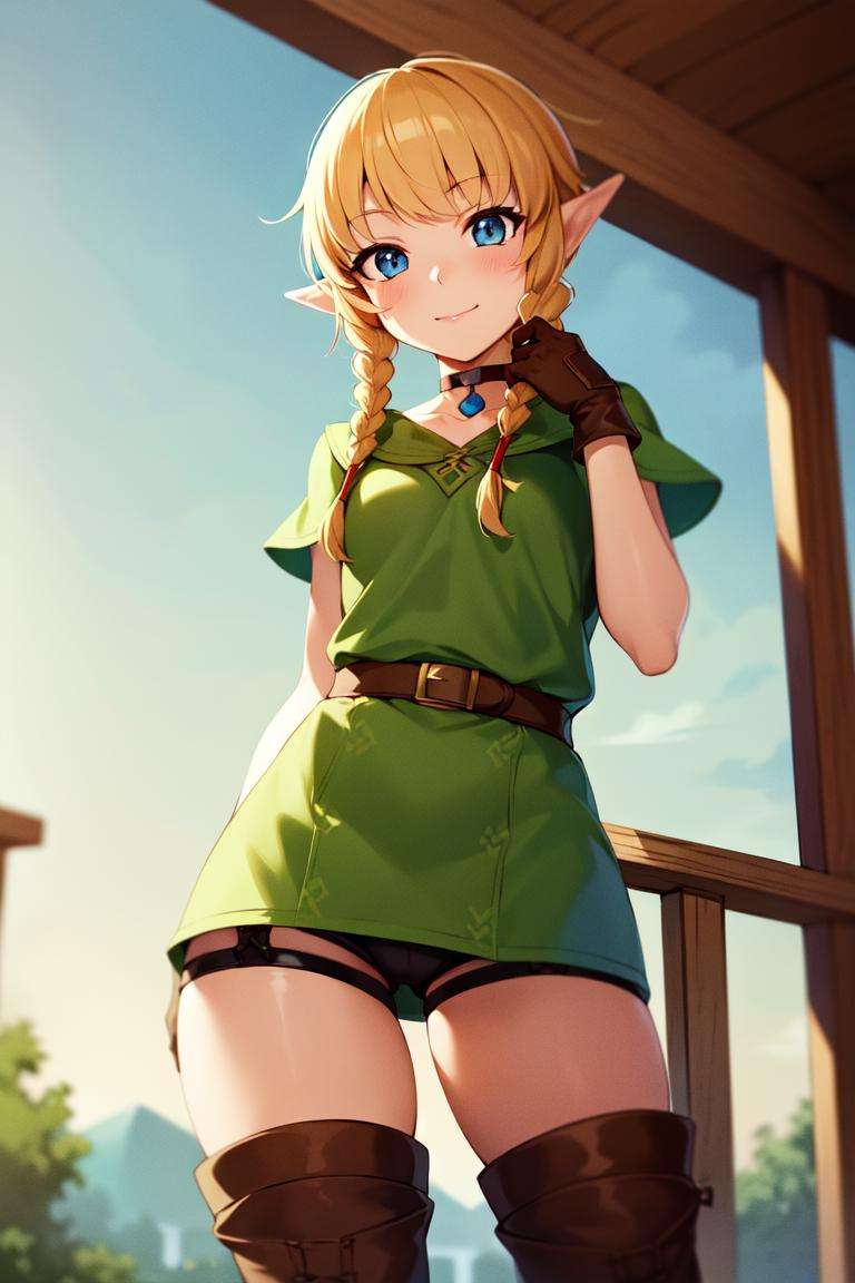 masterpiece, best_quality, 1girl, solo, linkle, nintendo, the legend of zelda, braid, twin braids, choker, thigh boots, zettai ryouiki, 