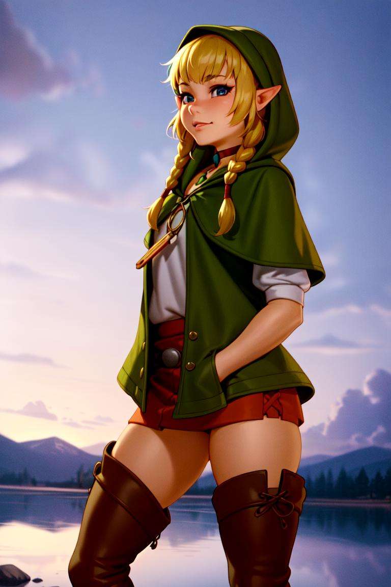 masterpiece, best_quality, 1girl, solo, linkle, nintendo, the legend of zelda, braid, twin braids, choker, thigh boots, zettai ryouiki, kairunoburogu, 