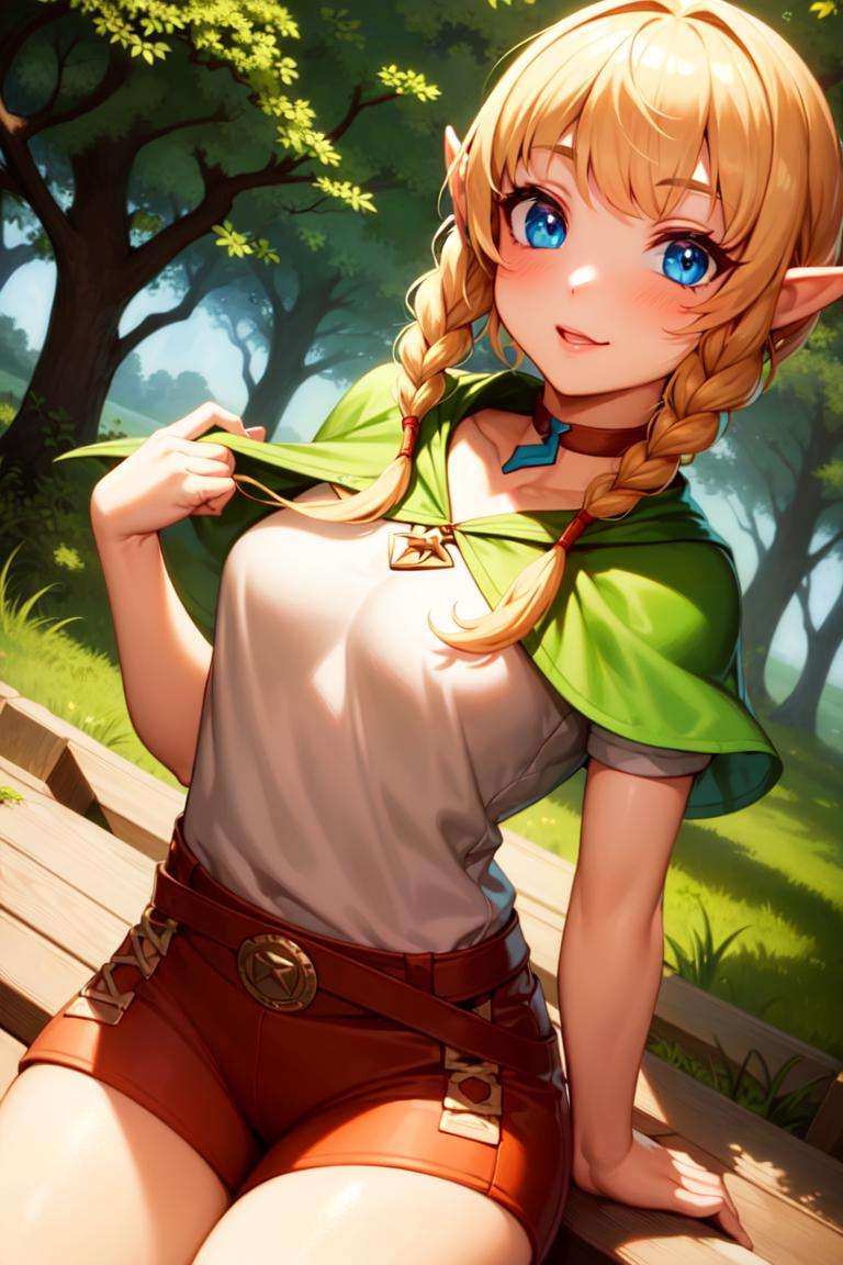 masterpiece, best_quality, 1girl, solo, linkle, nintendo, the legend of zelda, braid, twin braids, choker