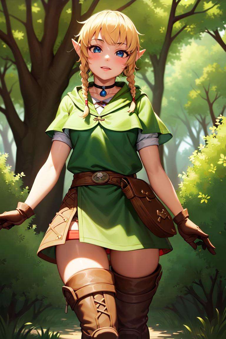 masterpiece, best_quality, 1girl, solo, linkle, nintendo, the legend of zelda, braid, twin braids, choker, thigh boots, zettai ryouiki, 