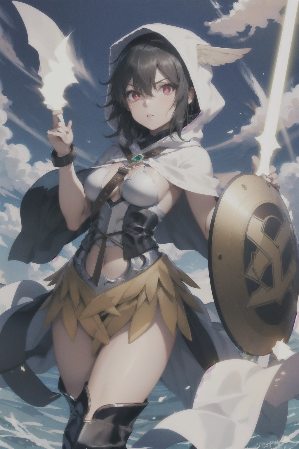 Valkyrie:0.8, Ortlinde, 1girl, solo, looking at viewer, black hair, red eyes, weapon, hood, hood up, shield, holding shield, thigh boots, energy wings, white clothes, hooded capelet,
