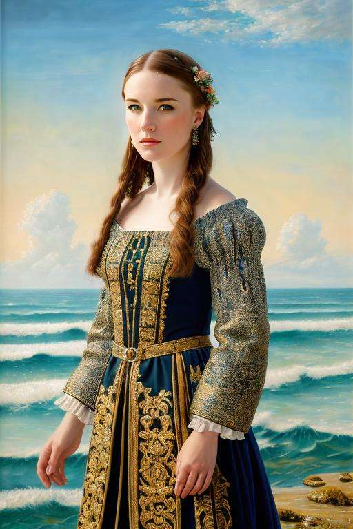 oil painting of wo_jewel01, a beautiful woman, sea at the background, wearing medieval dress, (8k, best quality, depth of field, ultra high res:1.2), (absurdres, intricate, hyperrealistic, masterpiece, ultra-detailed:1.3), <lora:woJewel01:0.85>