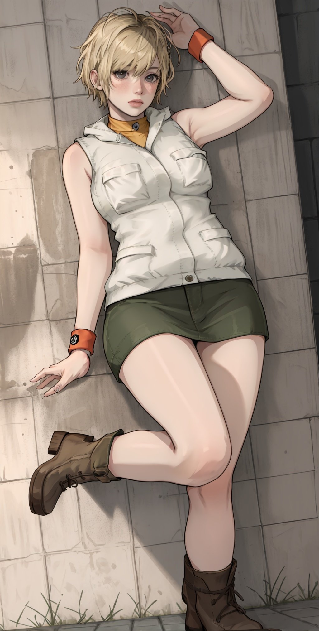 HeatherM, 1girl, solo, skirt, blonde hair, boots, miniskirt, wristband, short hair, sleeveless, pencil skirt, realistic, shirt, vest
,  ,  