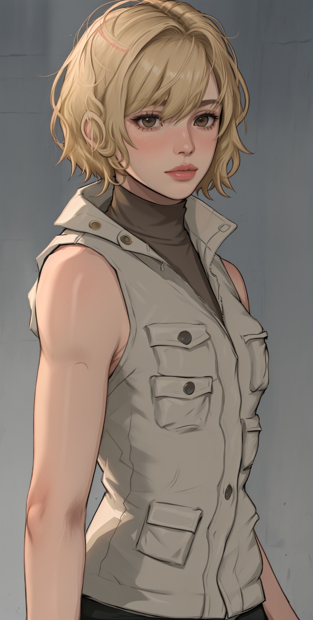 HeatherM, 1girl, solo, blonde hair, realistic, short hair, turtleneck, sleeveless, vest, sleeveless turtleneck, lips, upper body, jacket, brown eyes, shirt
,  ,  