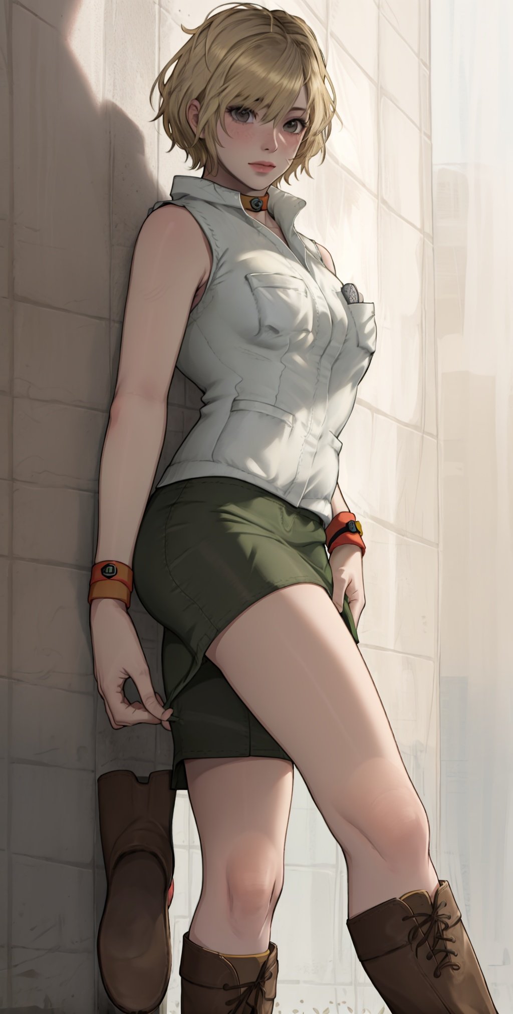 HeatherM, 1girl, solo, skirt, blonde hair, boots, miniskirt, wristband, short hair, sleeveless, pencil skirt, realistic, shirt, vest
,  ,  