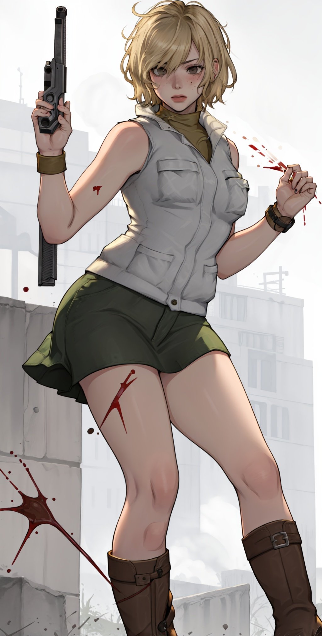 HeatherM, 1girl, solo, blonde hair, skirt, short hair, sleeveless, sleeveless turtleneck, weapon, gun, blood, turtleneck, boots, miniskirt, vest
,  ,  