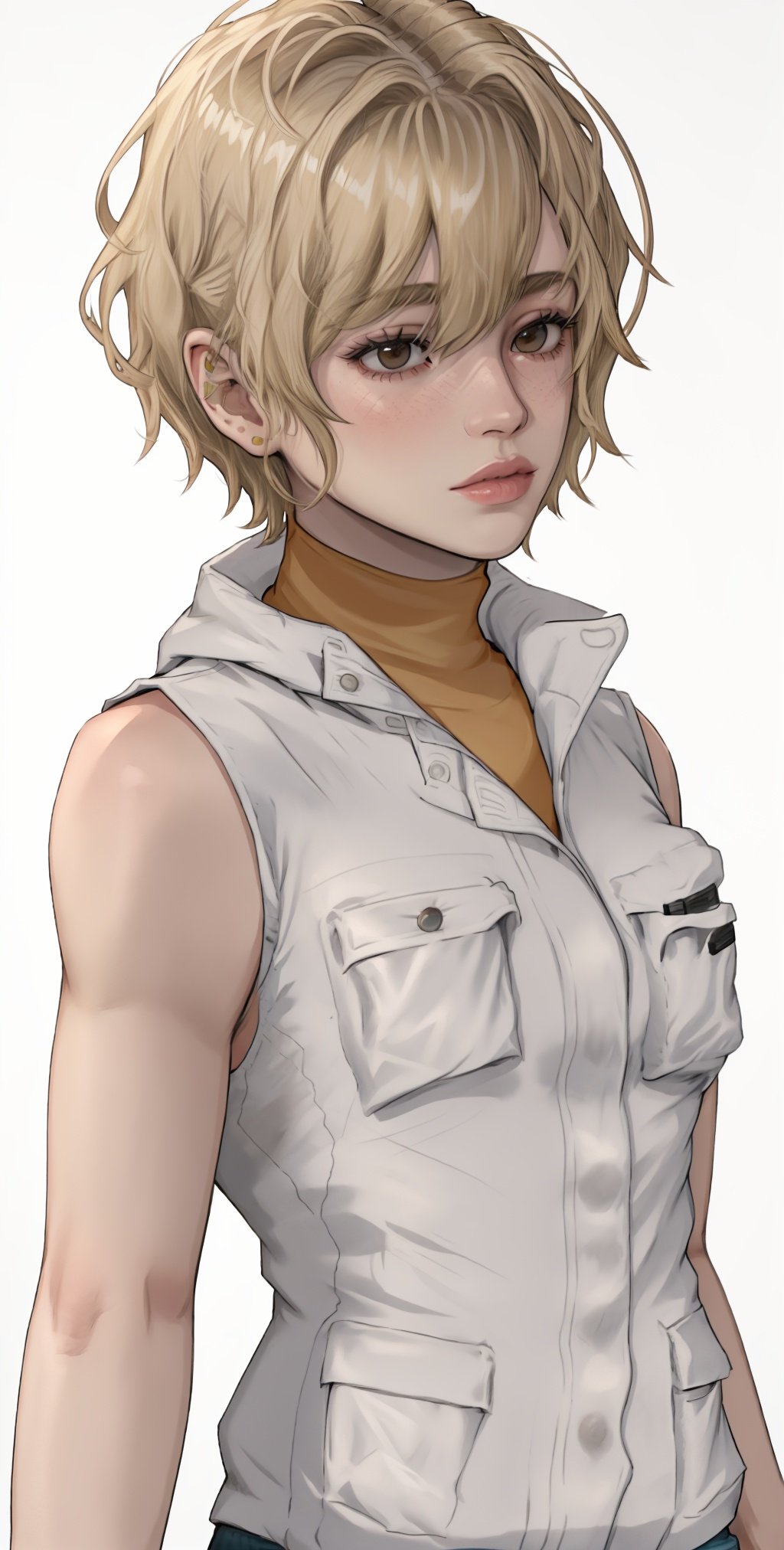 HeatherM, 1girl, solo, blonde hair, realistic, short hair, turtleneck, sleeveless, vest, sleeveless turtleneck, lips, upper body, jacket, brown eyes, shirt
,  ,  