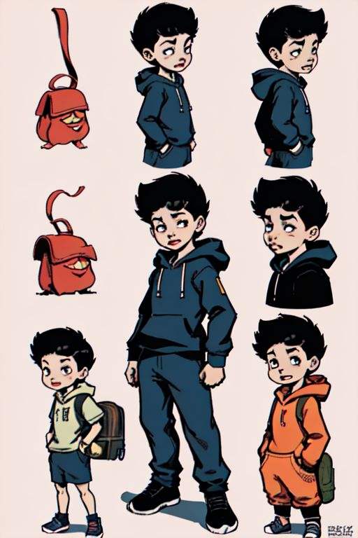 <lora:Character Design:1> Character Design - children book flat comic illustration style, expression sheet,  1boy, hoodie, schoolbag, happy