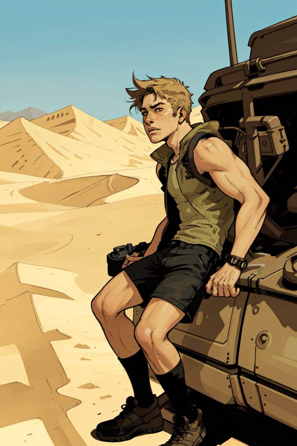1boy, shorts, leans against the front side of a  jeep, desert, sand dunes