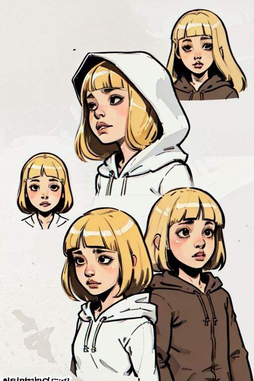 <lora:Character Design:1> Character Design - children book flat comic illustration style, expression sheet,   1girl, , blonde hair, blunt bangs, brown eyes, hood, white dress, long sleeves,  happy