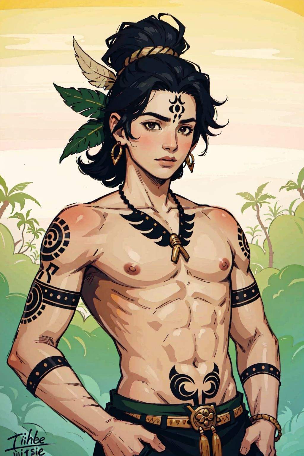 1boy,  tribal boy, festival dress, face draw, topless, young male body, cinematic light, feathers, tattoos , jungle background, (masterpiece, best quality, beautiful and aesthetic:1.2), (ultra detailed, extremely delicate:1.3)