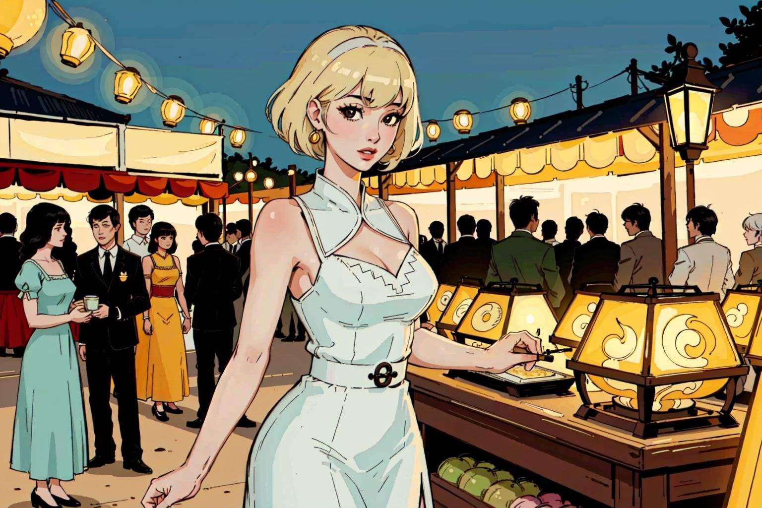 meridian night market, crowded, 60s vintage dress, rim light, lanterns, night., (masterpiece, best quality, beautiful and aesthetic:1.2), (ultra detailed, extremely delicate:1.3)