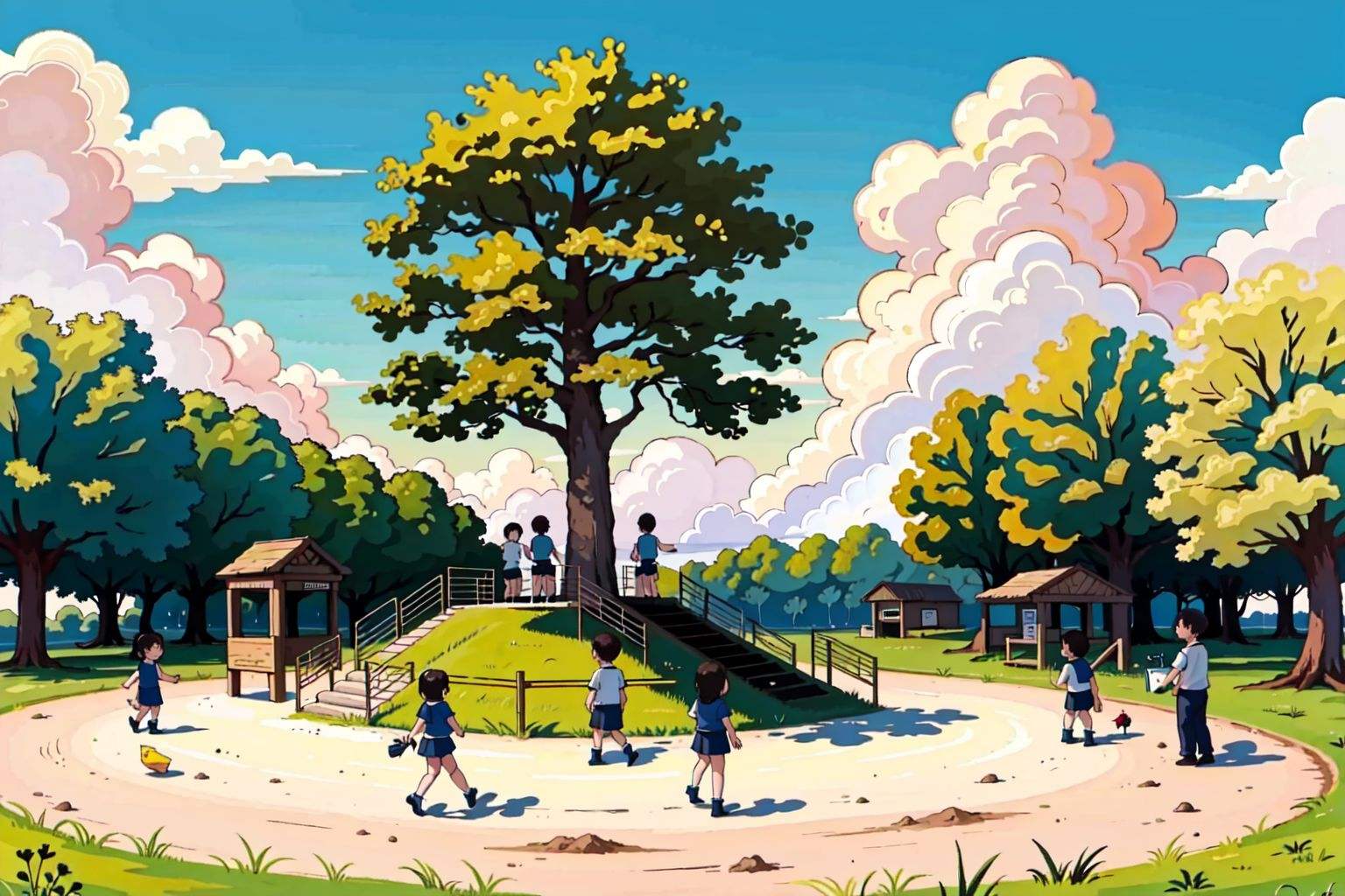 children in crowded playground, many children, many parents, cloud, tree,, (masterpiece, best quality, beautiful and aesthetic:1.2), (ultra detailed, extremely delicate:1.3)