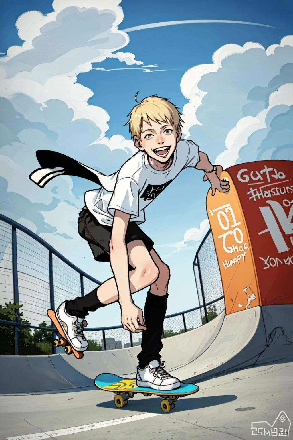 1boy, slim young male, short blond, skateboarding, skateboard, happy, full body, wide angle shot, park