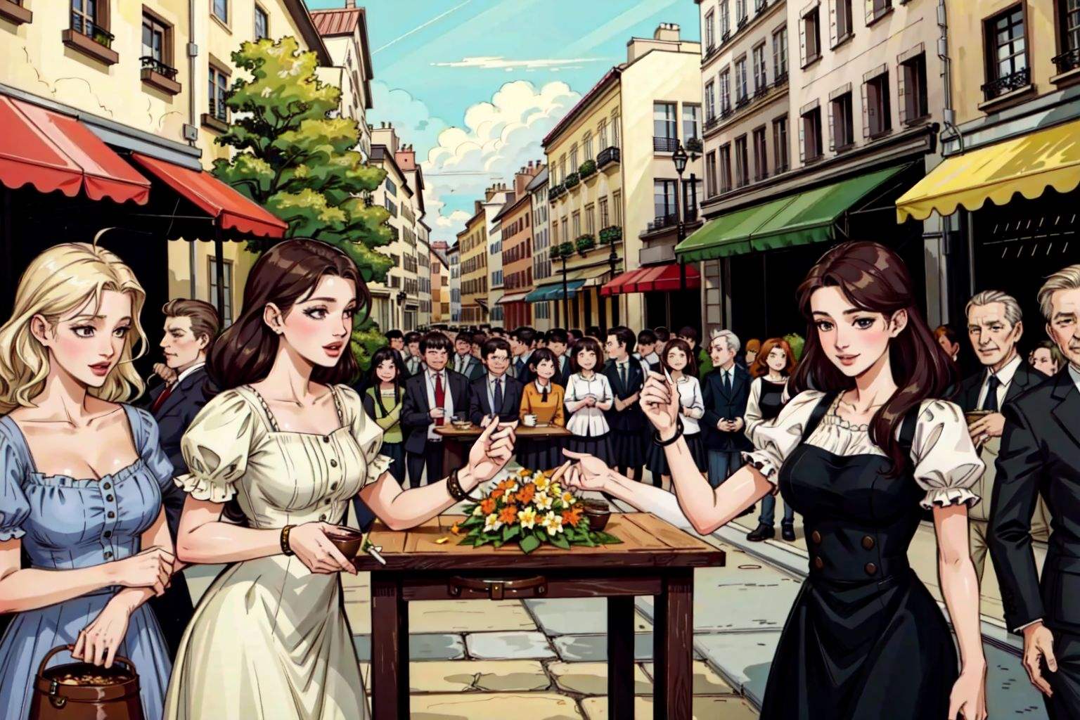 Paris, autumn,  coffee shops, crowded people, tables on street, outdoor, flowers, pot, many people <lora:people_count_slider_88:3> <lora:add_detail:1>, (masterpiece, best quality, beautiful and aesthetic:1.2), (ultra detailed, extremely delicate:1.3)