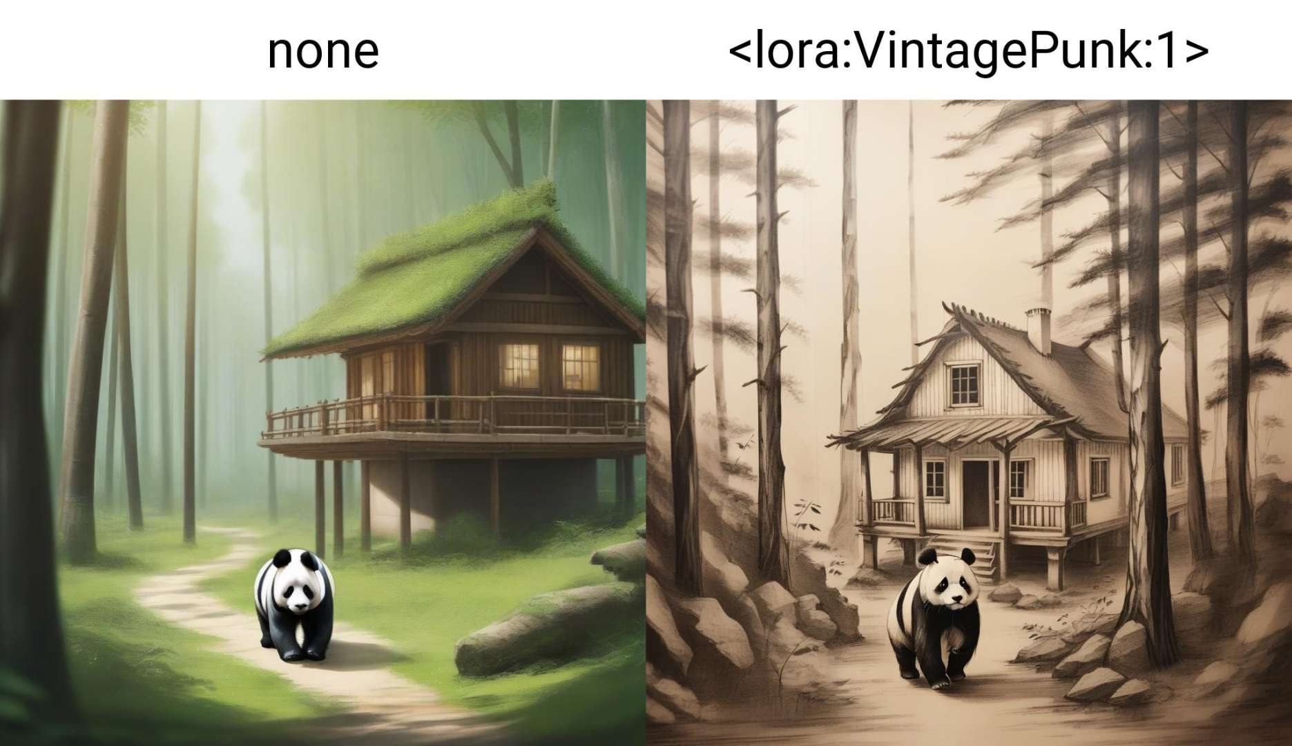a panda walking in a forest, wooden house, none