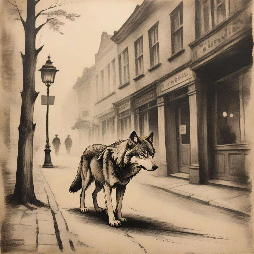 vintage paper, a wolf walking on a street, <lora:VintagePunk:0.7>