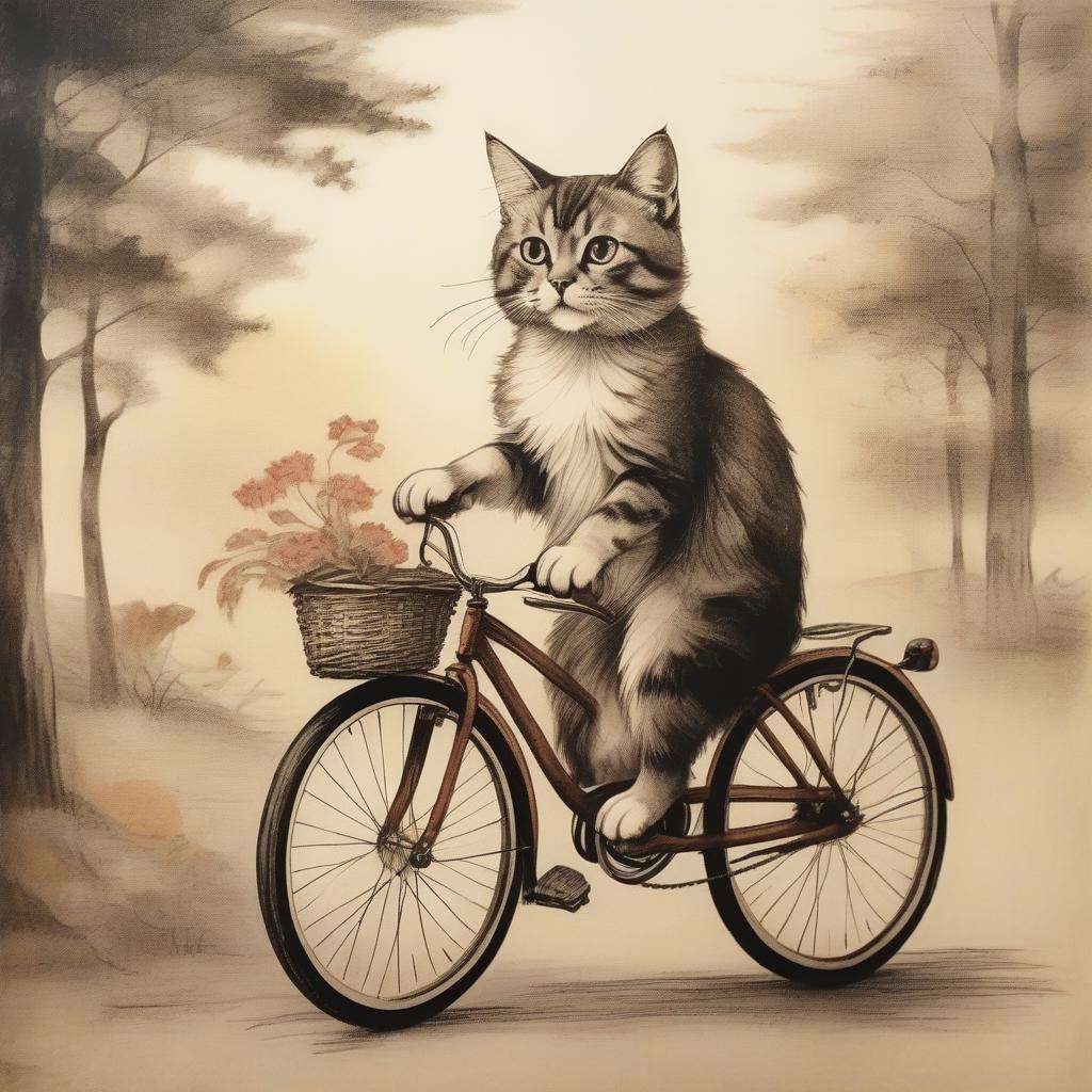 a cute cat riding a bicycle, outdoor, <lora:VintagePunk:1>