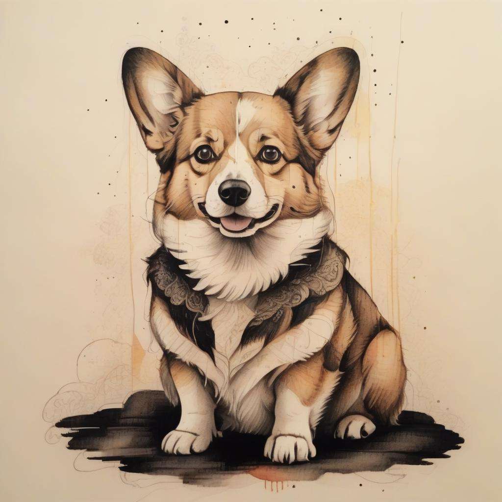 a cute corgi, ink, (creative:1.3), intricate detail, <lora:VintagePunk:1>