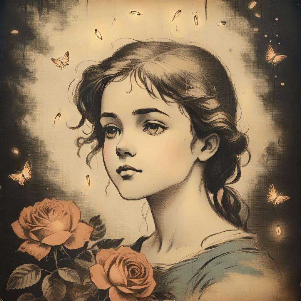 (vintagepaper), face focus, 1girl,  roses, petals, night background, fireflies, <lora:VintagePunk:0.8>