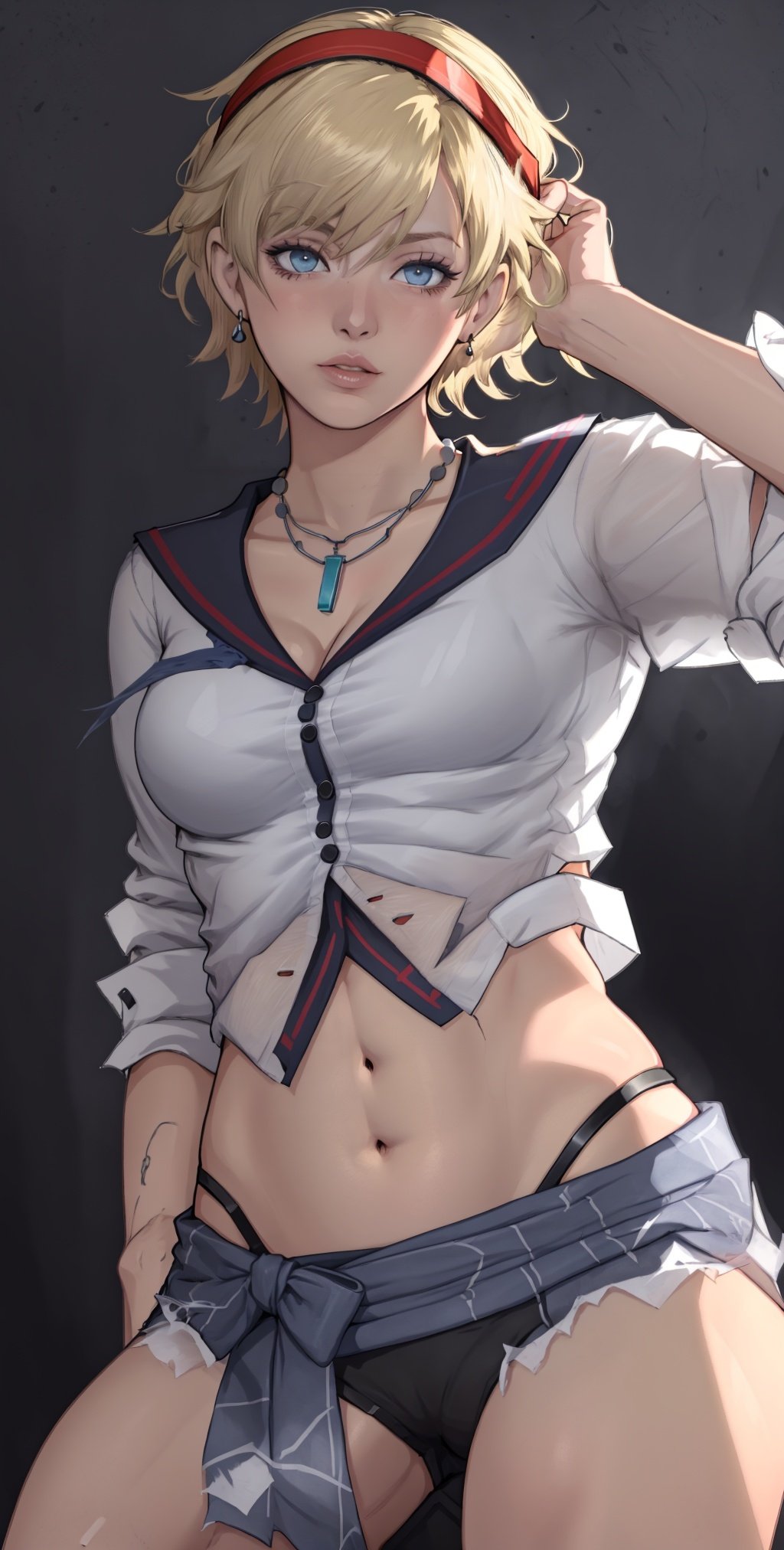 SherryRE, 1girl, solo, short hair, hairband, jewelry, necklace, navel, midriff, breasts, realistic, blonde hair, blue eyes, school uniform, lips, black background, simple background, crop top, white hair, serafuku, red hairband, looking at viewer, medium breasts
,    