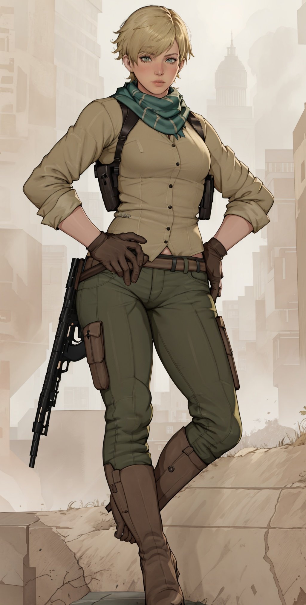 SherryRE, 1girl, solo, weapon, gun, blonde hair, scarf, boots, short hair, gloves, hand on hip, realistic, fingerless gloves, pants, sleeves rolled up, rifle, full body, trigger discipline, lips, assault rifle
,    