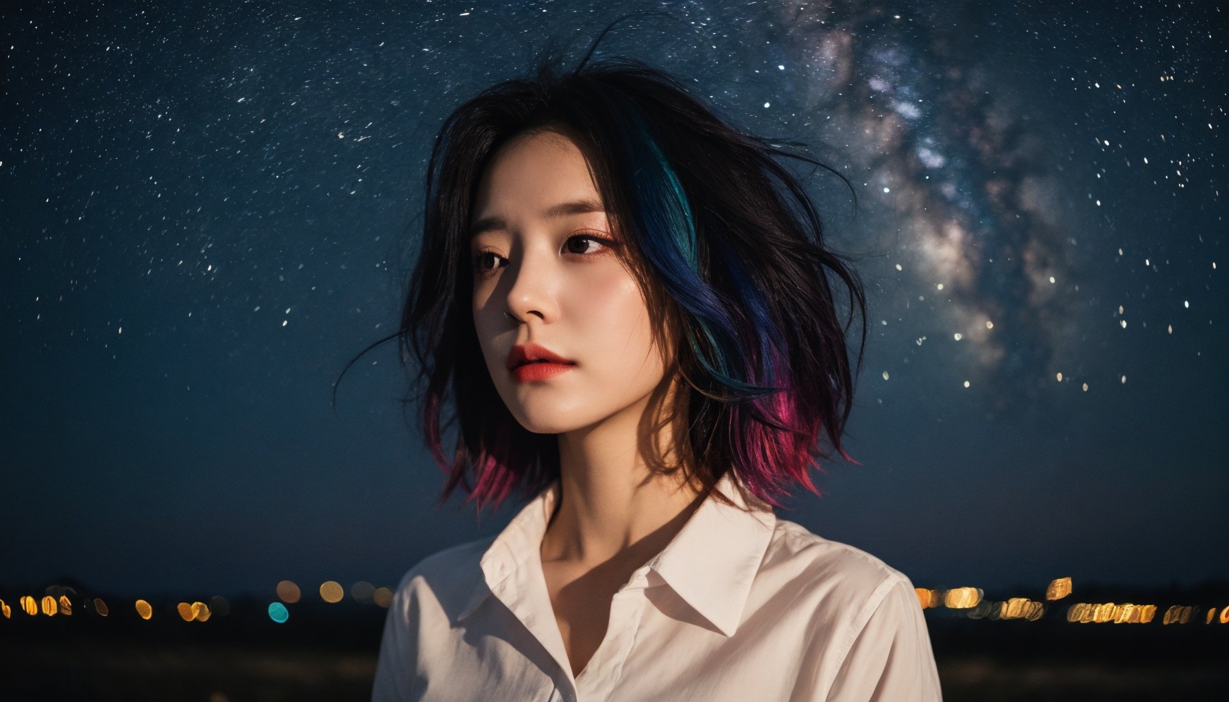 best quality, masterpiece, (realistic:1.4),1girl, solo, upper body, golden hour lighting, colorful, gloom, ribbon, unbuttoned shirt, partially_unbuttoned, stars in the eyes, messy floating hair, colored inner hair, Starry sky adorns hair, depth of field,