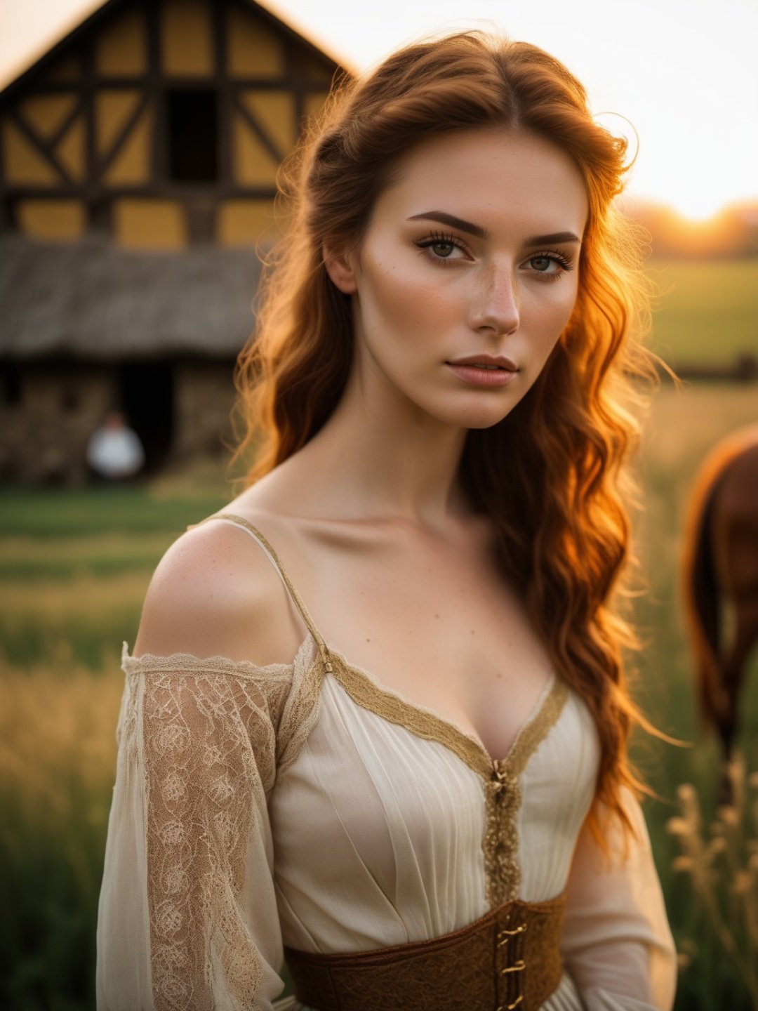 ((farm:1.5) photography), best quality, 1girl, (meadow teenager, as villager, freckles), big sagging breast, thigh gap ((farm:1.3) girl, sexy ((medieval:1.3) lingerie, exposing breast), (farm village, outdoors, golden hour:1.1), (light makeup, eyelashes, seductive gaze), aura, atmospheric lighting, cinematic composition, detailed face, (natural skin, skin pores, detailed skin), (intricate, vibrant, sharp focus, Fujifilm XT3:1.1576)